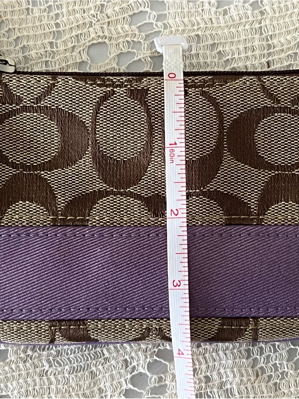 Coach Brown Signature Canvas Wristlet with Lavender Trim